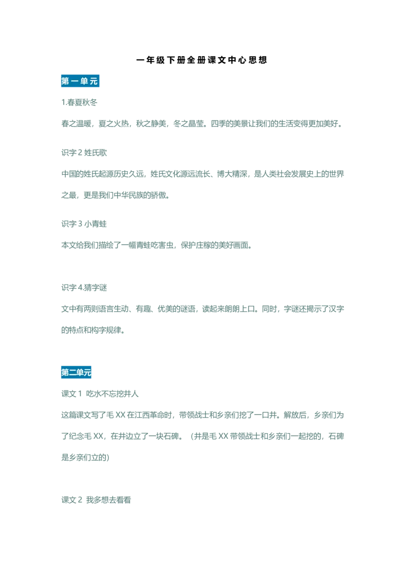 一年级下册全册课文中心思想_一年级上下册资料_小学一年级学习资料-25年更新版_1-02、小学一年级语文下册_3-6-2-1、复习、知识点、归纳汇总_部编（人教）版