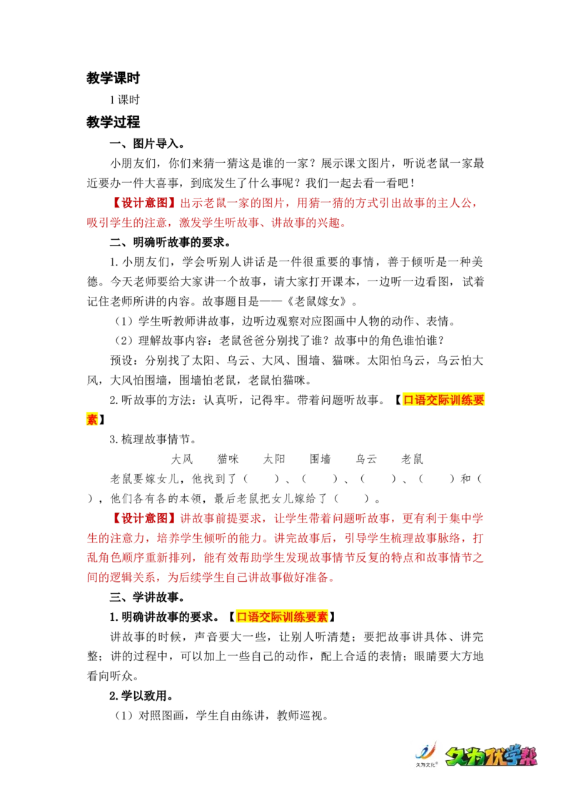 口语交际：听故事，讲故事_一年级上下册资料_小学一年级学习资料-25年更新版_1-02、小学一年级语文下册_3-6-2-3、课件、讲义、教案_《名师教案》语文一年级下册（2022春）_第1单元