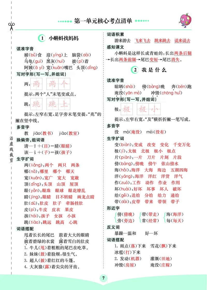 二（上）语文第一单元核心考点清单_二年级上下册资料_小学二年级学习资料-25年更新版_2-01、小学二年级语文上册_2-1-1、复习、知识点、归纳汇总_二（上）语文单元核心考点清单