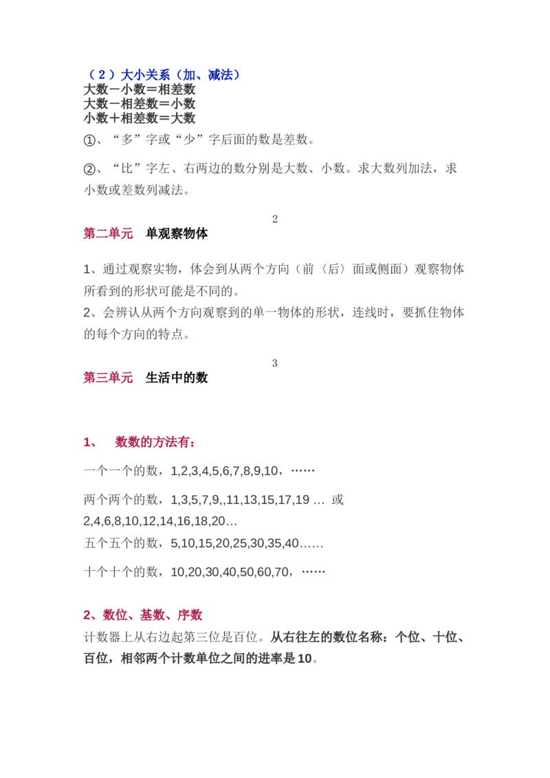 北师大版一年级（下册）数学知识要点归纳_一年级上下册资料_小学一年级学习资料-25年更新版_1-04、小学一年级数学下册_1-4-1、复习、知识点、归纳汇总_北师大版