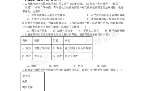 第八十九中学2024-2025学年九年级历史试题_广州九上月考+期中+期末+一模二模+中考真题_九上月考_初三上十月考