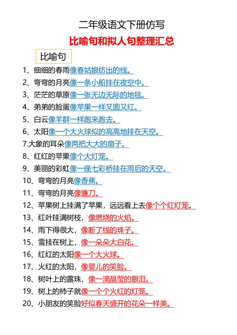 二（下）语文课文重点句子仿写_二年级上下册资料_小学二年级学习资料-25年更新版_2-02、小学二年级语文下册_2-2-2、练习题、作业、试题、试卷_专项练习_精品专项训练