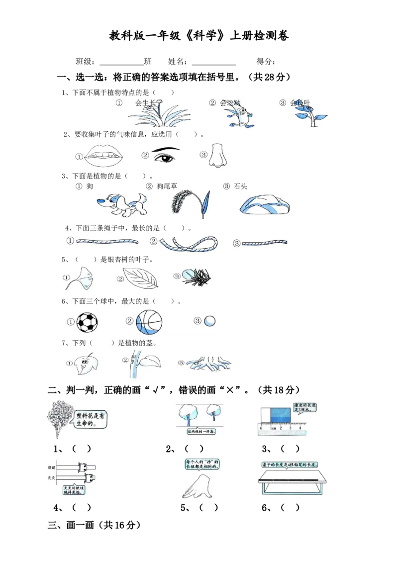 教科版一年级《科学》上册检测测卷_一年级上下册资料_小学一年级学习资料-25年更新版_1-09、小学一年级科学上册_教科版_期末测试卷