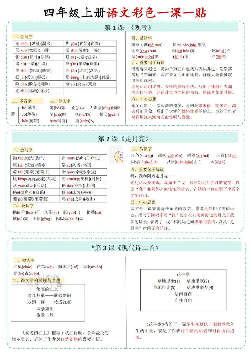 四年级（上）语文彩色一课一贴_25秋语文1-6课课贴