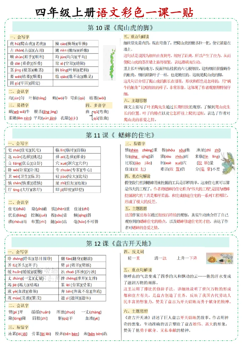 四年级（上）语文彩色一课一贴_25秋语文1-6课课贴