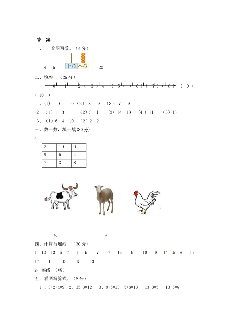 人教版数学1年级（上）期末测试卷8（含答案）_一年级上下册资料_一年级上语数英上下册学习资料_3-6-3、小学一年级数学上册_人教版_2023更新_期末测试卷（8套）