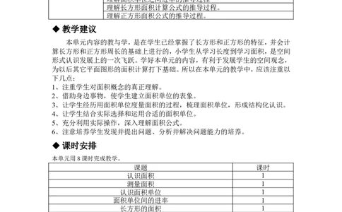 单元概述与课时安排_三年级上下册资料_3年级下册教学资源包教案+学案_第七单元长方形和正方形的面积（教案+学案）_教案