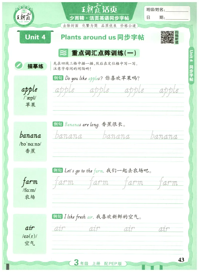 三年级英语上册人教PEP版25秋《王朝霞活页英语同步字帖》_25秋小学语数英习题试卷_英语_人教版_25秋王朝霞3-6年级上册人教版活页英语同步字帖