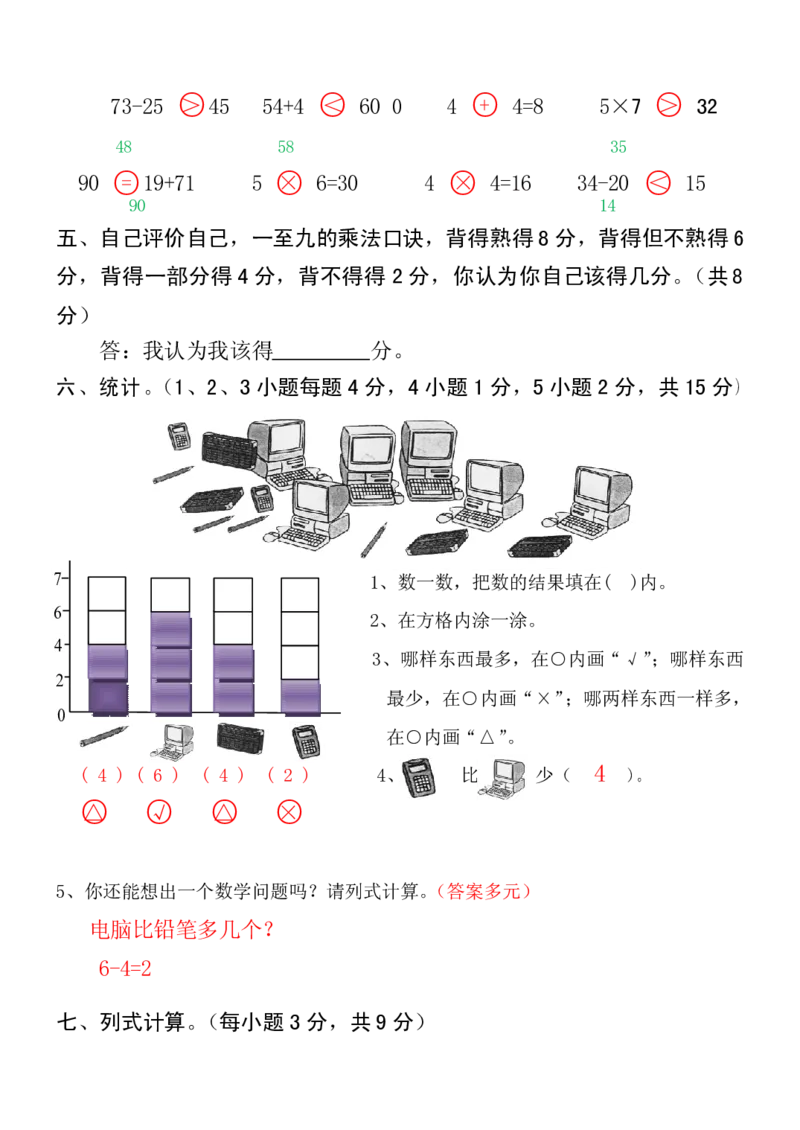 人教版小学数学二年级上册期末考试(精选5套试卷及标准答案)_二年级上下册资料_二年级语数英上下册学习资料_3-7-3、小学二年级数学上册_人教版_5、期末测试卷