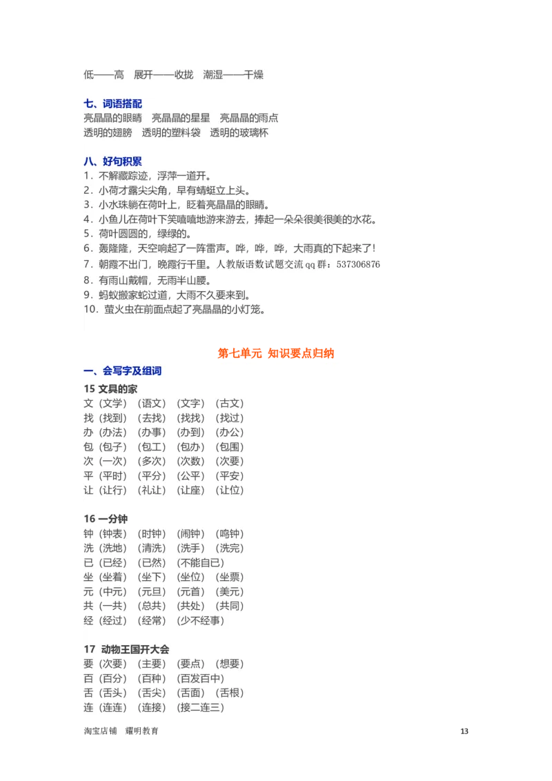 人教小学语文1下各单元知识要点归纳_小学语文一至六年级上下册电子版PDF单元知识点考试重点难点解析_知识点归纳总结人教小学语文1下