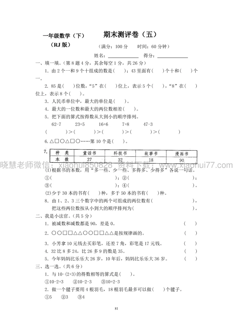 新人教版小学数学一年级下册(22套)测试卷-带答案_一年级上下册资料_小学一年级学习资料-25年更新版_1-04、小学一年级数学下册_1-4-2、练习题、作业、试题、试卷_人教版_期末测试卷
