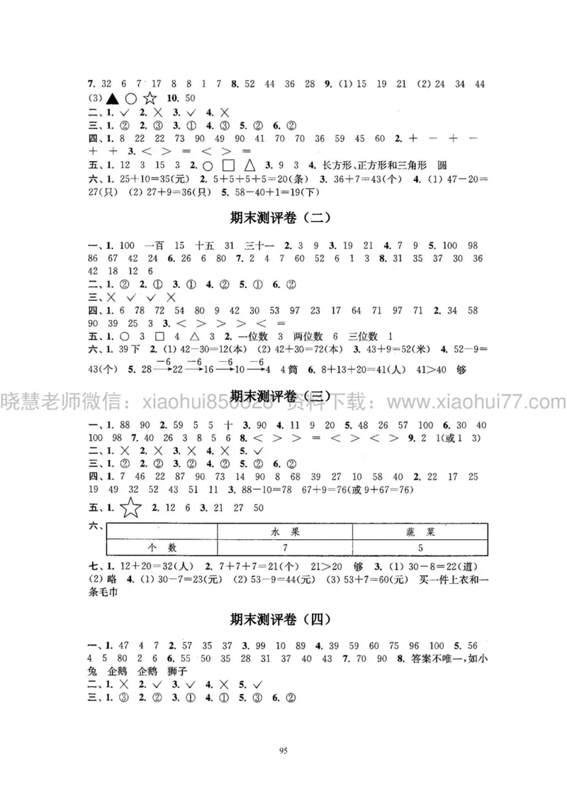 新人教版小学数学一年级下册(22套)测试卷-带答案_一年级上下册资料_小学一年级学习资料-25年更新版_1-04、小学一年级数学下册_1-4-2、练习题、作业、试题、试卷_人教版_期末测试卷