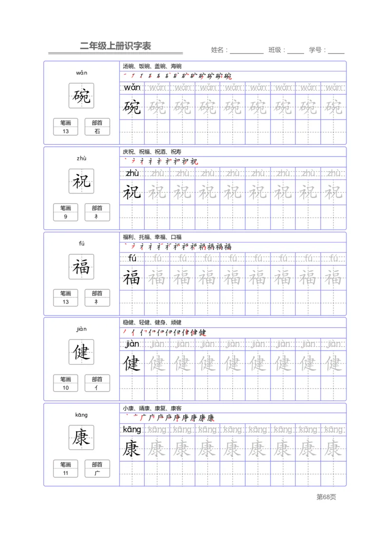 二（上）语文：识字表字帖描红_二年级上下册资料_小学二年级学习资料-25年更新版_2-01、小学二年级语文上册_2-1-5、字贴、书写、晨读