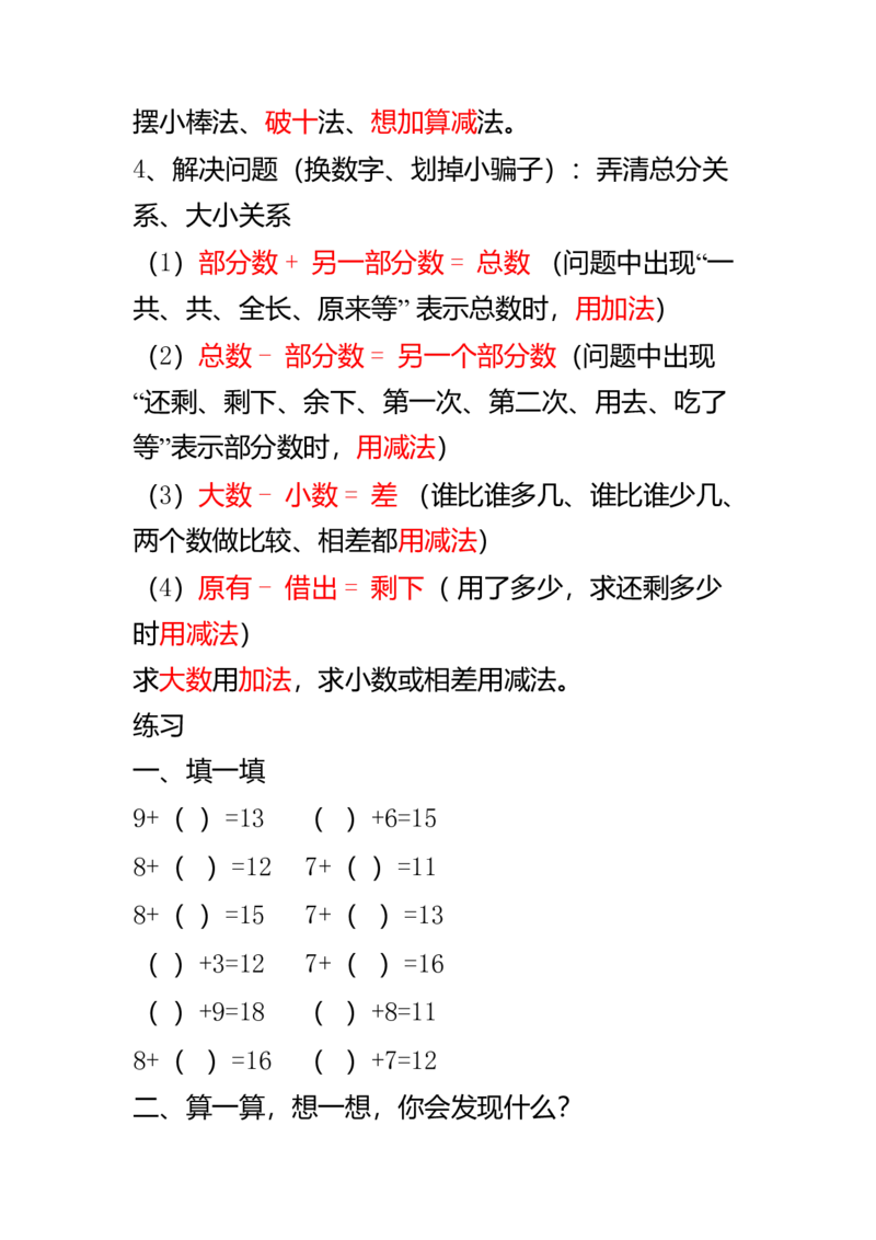数学1下知识点归纳及易错题_一年级上下册资料_小学一年级学习资料-25年更新版_1-04、小学一年级数学下册_1-4-1、复习、知识点、归纳汇总_通用