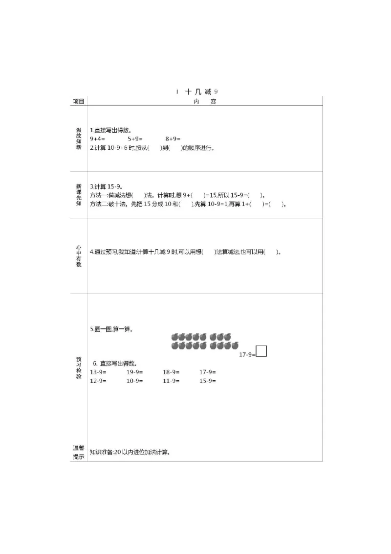 人教版数学一年级下册课前预习单_一年级上下册资料_小学一年级学习资料-25年更新版_1-04、小学一年级数学下册_1-4-1、复习、知识点、归纳汇总_人教版