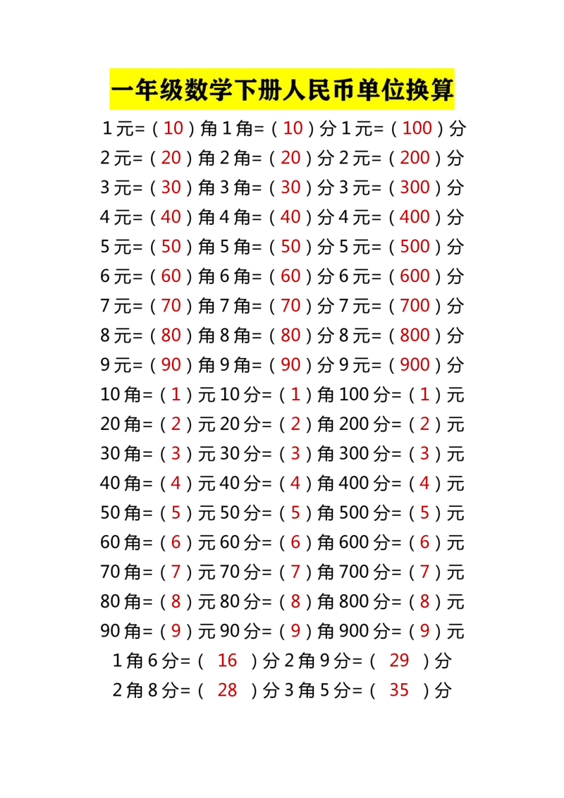 小学数学一年级下册人民币单位换算_一年级上下册资料_小学一年级学习资料-25年更新版_1-04、小学一年级数学下册_1-4-2、练习题、作业、试题、试卷_通用