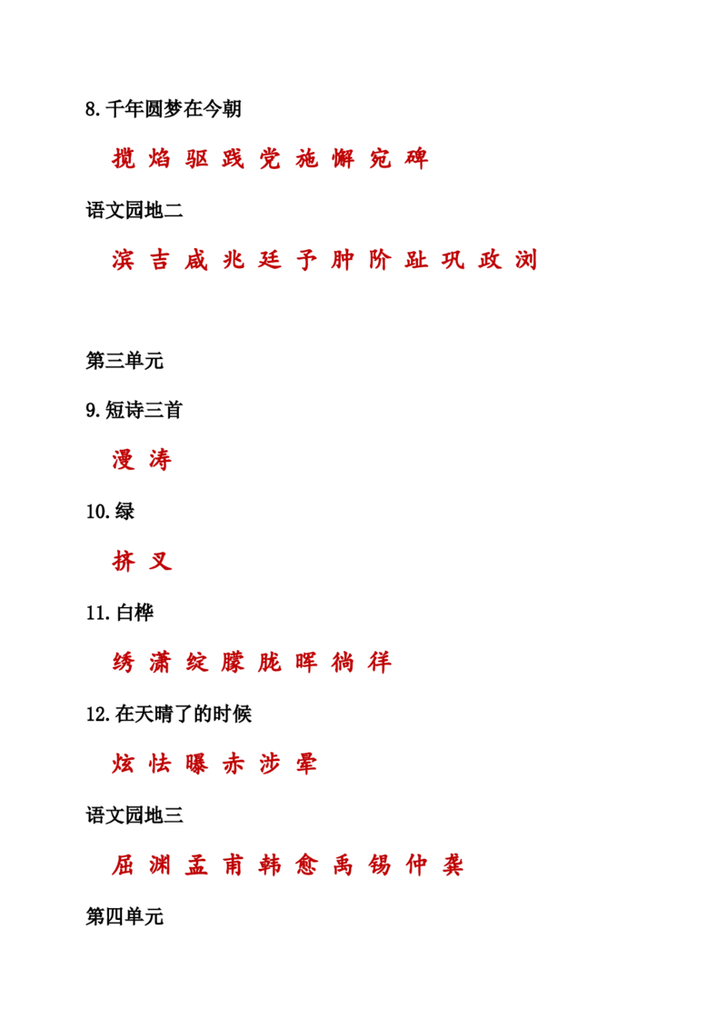 人教小学语文4下知识点之生字词汇总_小学语文一至六年级上下册电子版PDF单元知识点考试重点难点解析_知识点归纳总结人教小学语文4下