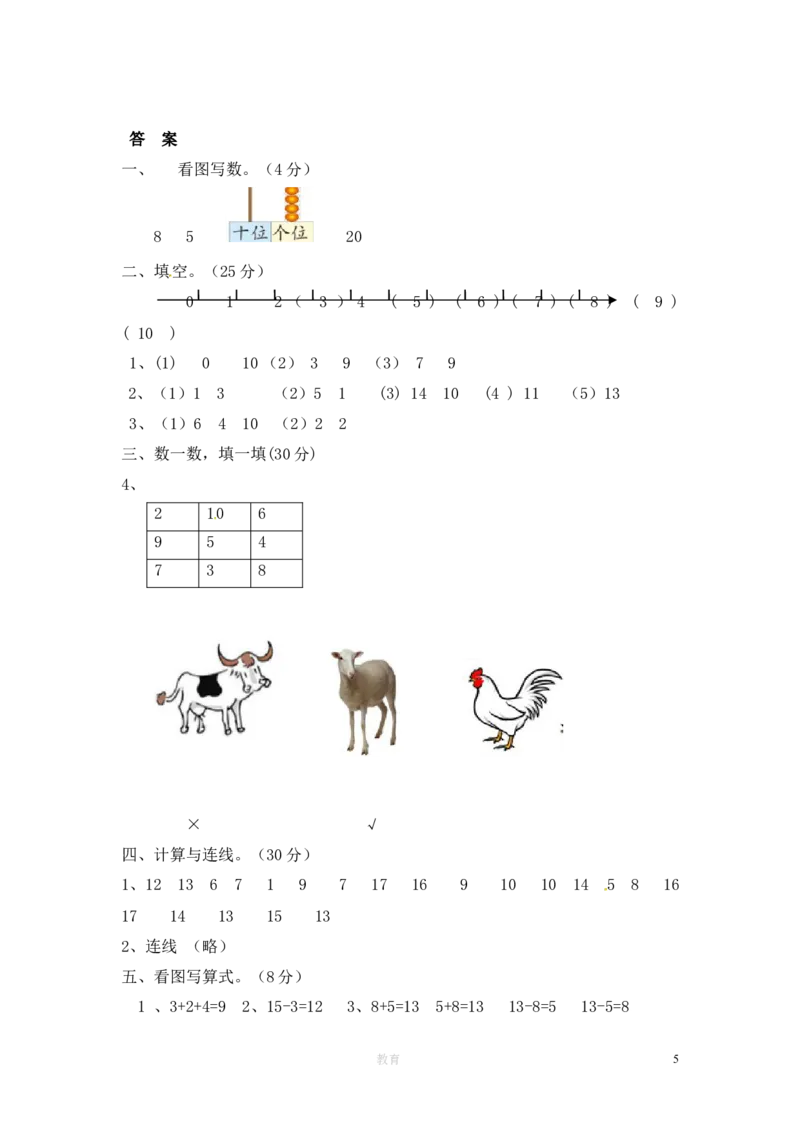 人教版数学1年级（上）期末测试卷8（含答案）_一年级上下册资料_小学一年级学习资料-25年更新版_1-03、小学一年级数学上册_人教版_06、期末试卷