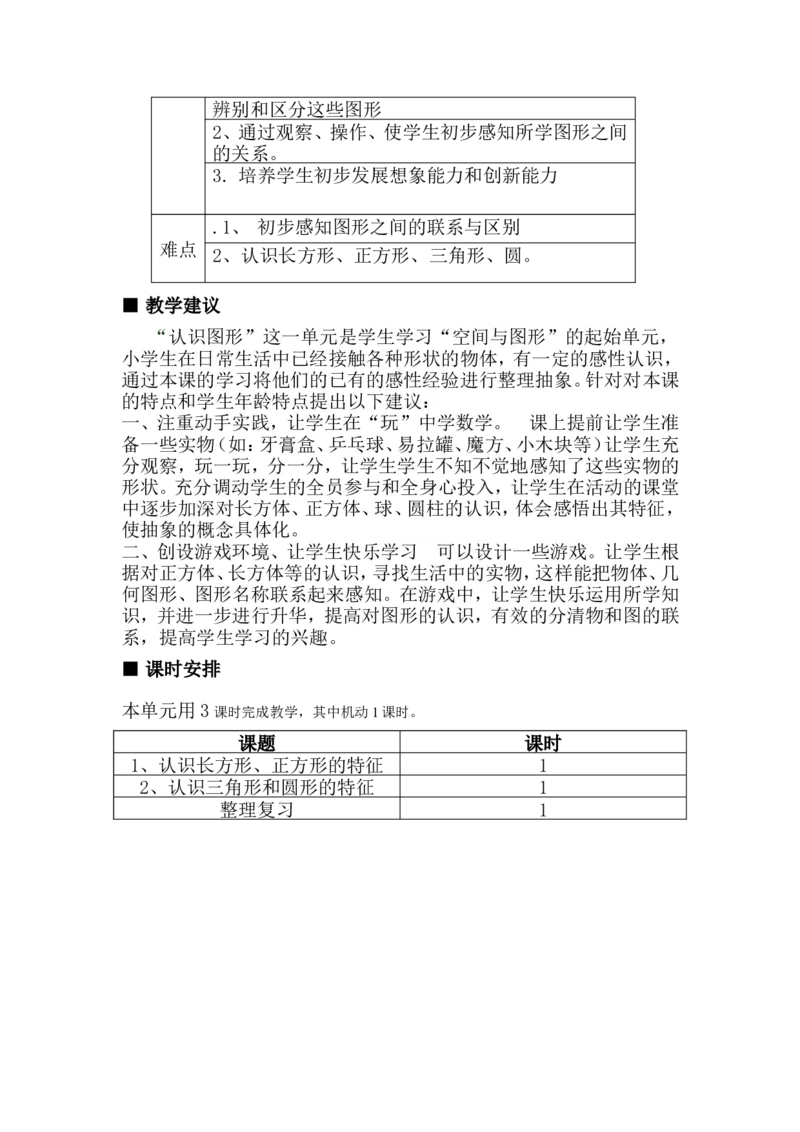 单元概述与课时安排_一年级上下册资料_1年级下册教学资源包课件+课时练_第六单元认识图形（二）_单元资料汇总_学案教案_教案