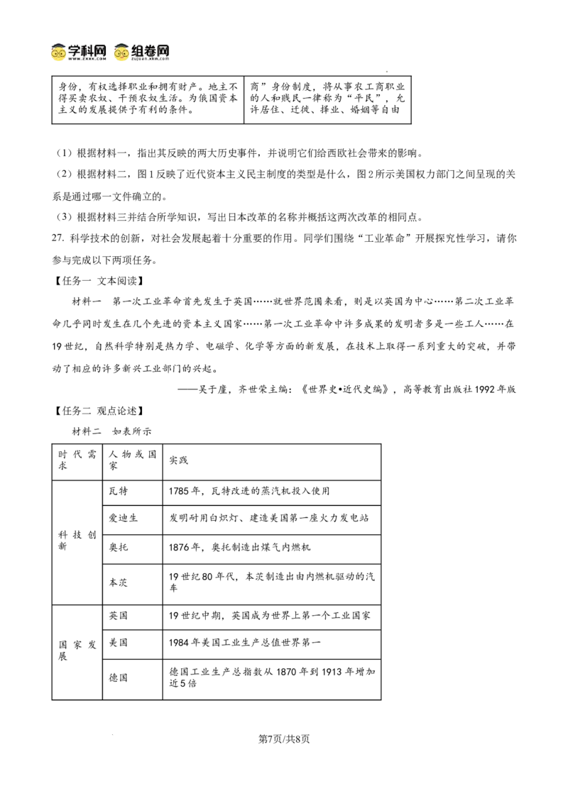精品解析：广东省广州七十五中2024-2025学年九年级上学期期中历史试题（原卷版）_广州九上月考+期中+期末+一模二模+中考真题_2024年秋九年级上学期期中考试试卷和答案解析