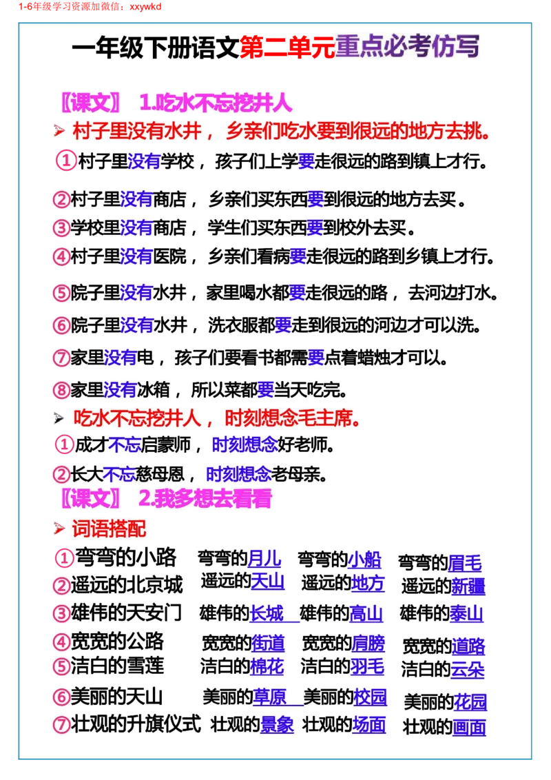 一下语文-第二单元词语句子仿写_一年级上下册资料_小学一年级学习资料-25年更新版_1-02、小学一年级语文下册_3-6-2-1、复习、知识点、归纳汇总_部编（人教）版_句子仿写