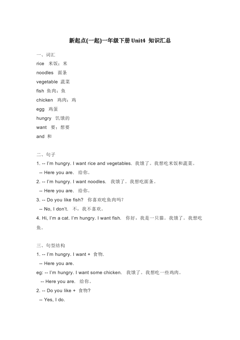 人教新起点英语一年级下册Unit4知识点汇总_一年级上下册资料_小学一年级学习资料-25年更新版_1-06、小学一年级英语下册_1-6-1、知识点、测试卷、电子书_人教新起点_知识点