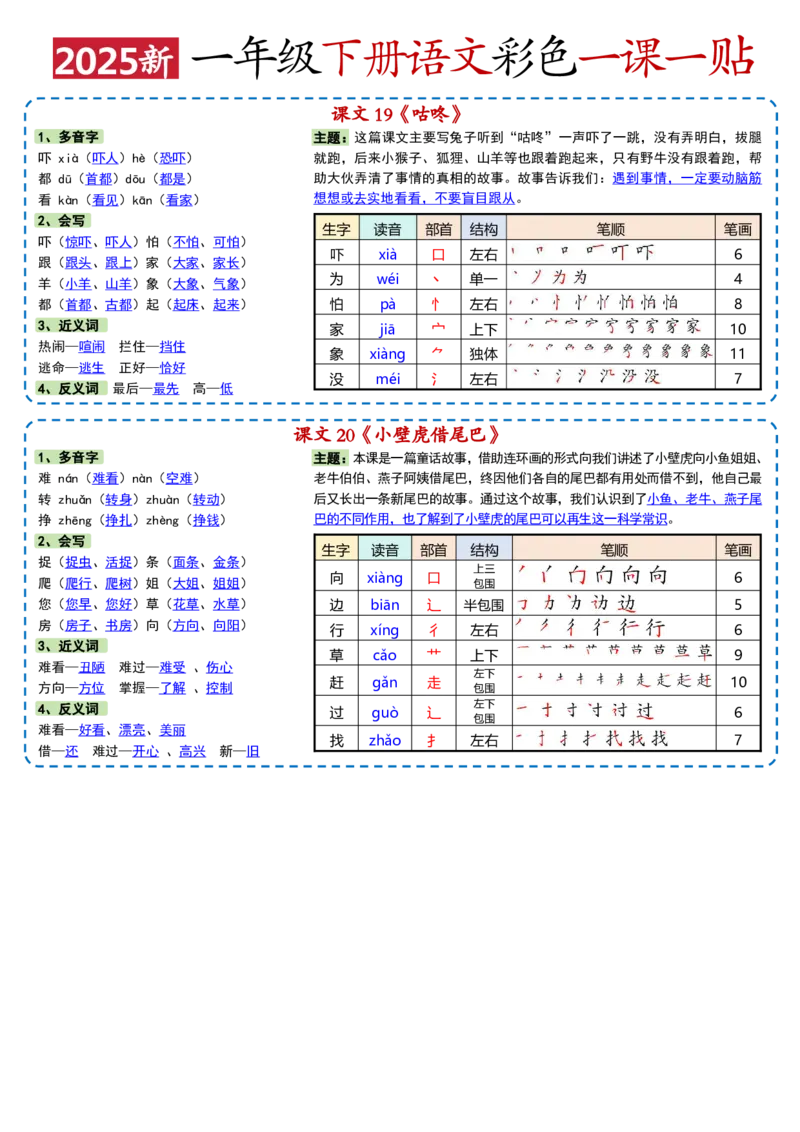 一年级下册语文彩色一课一贴1_一年级上下册资料_一年级下册小红书同款资料_一下语文