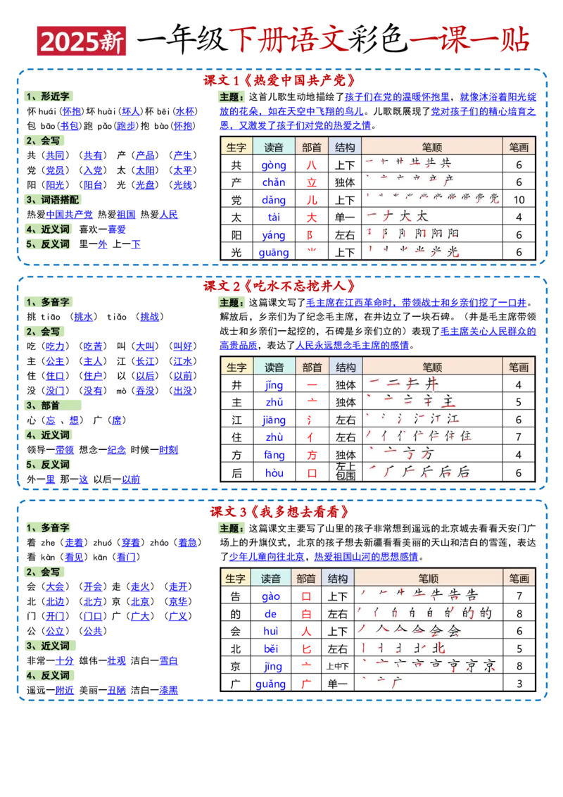 一年级下册语文彩色一课一贴1_一年级上下册资料_一年级下册小红书同款资料_一下语文