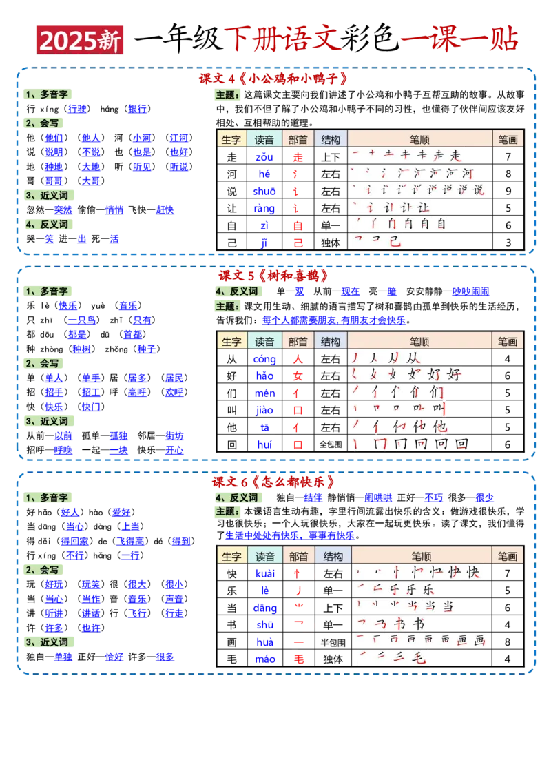 一年级下册语文彩色一课一贴1_一年级上下册资料_一年级下册小红书同款资料_一下语文