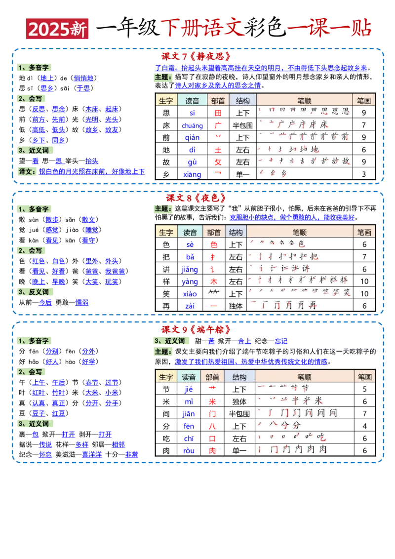 一年级下册语文彩色一课一贴1_一年级上下册资料_一年级下册小红书同款资料_一下语文
