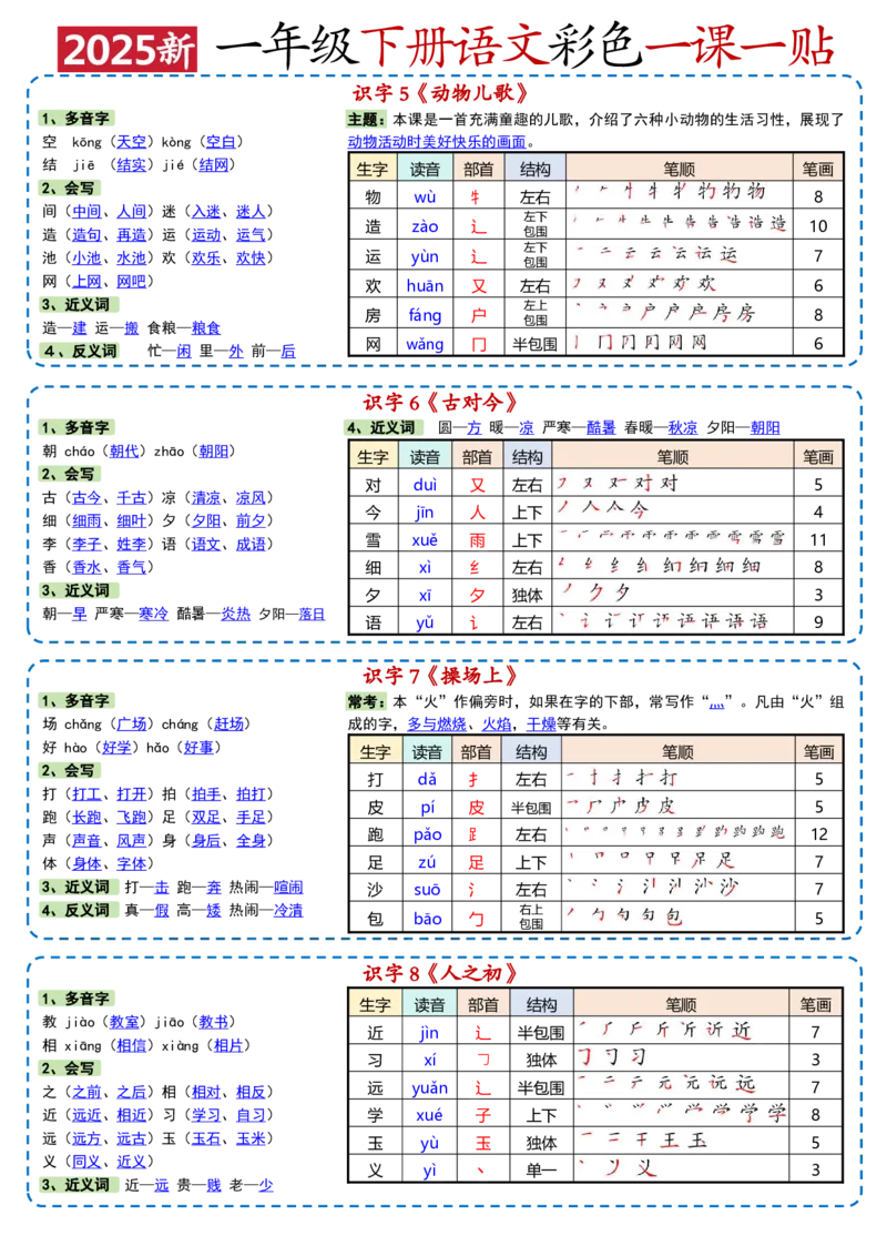 一年级下册语文彩色一课一贴1_一年级上下册资料_一年级下册小红书同款资料_一下语文