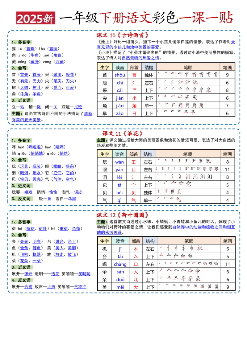 一年级下册语文彩色一课一贴1_一年级上下册资料_一年级下册小红书同款资料_一下语文
