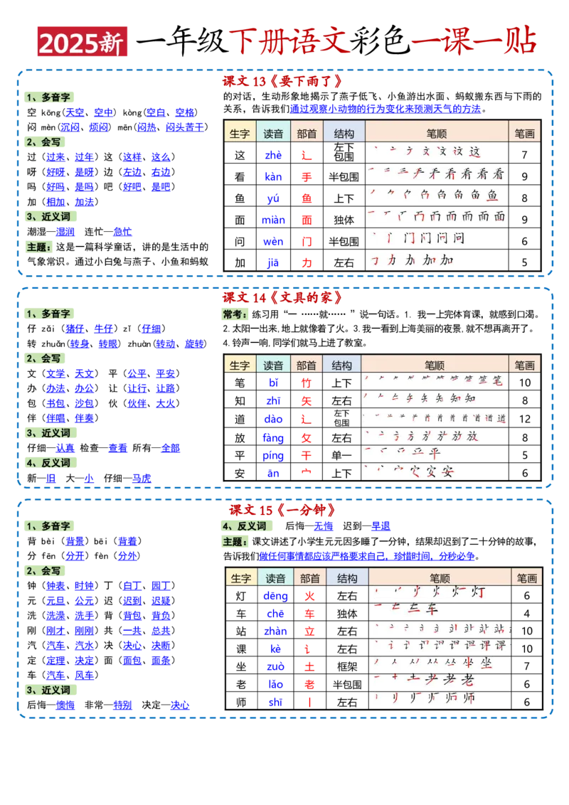 一年级下册语文彩色一课一贴1_一年级上下册资料_一年级下册小红书同款资料_一下语文