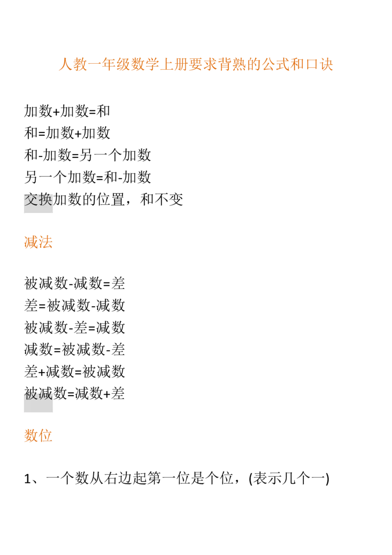 人教一年级数学上册要求背熟的公式和口诀_一年级上下册资料_小学一年级学习资料-25年更新版_1-03、小学一年级数学上册_人教版_01、知识汇总