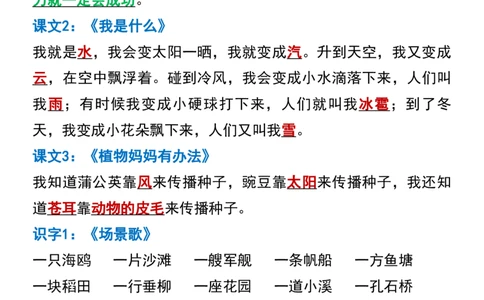 一升二年级语文暑假必背各课中心思想(1)_二年级上下册资料_二年级上册小红书同款资料_二年级