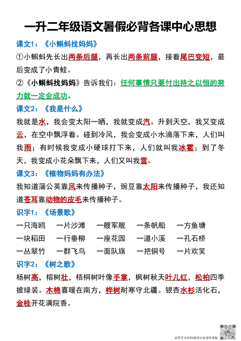 一升二年级语文暑假必背各课中心思想(1)_二年级上下册资料_二年级上册小红书同款资料_二年级