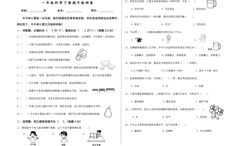 一下期中检测卷_一年级上下册资料_小学一年级学习资料-25年更新版_1-10、小学一年级科学下册_教科版_期中测试卷