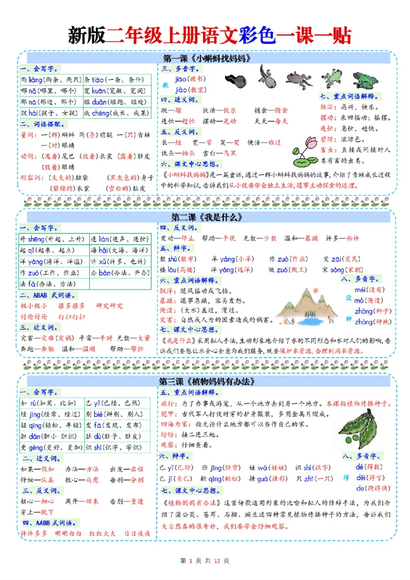 新二年级上册语文一课一贴彩色课课贴_25秋语文1-6课课贴