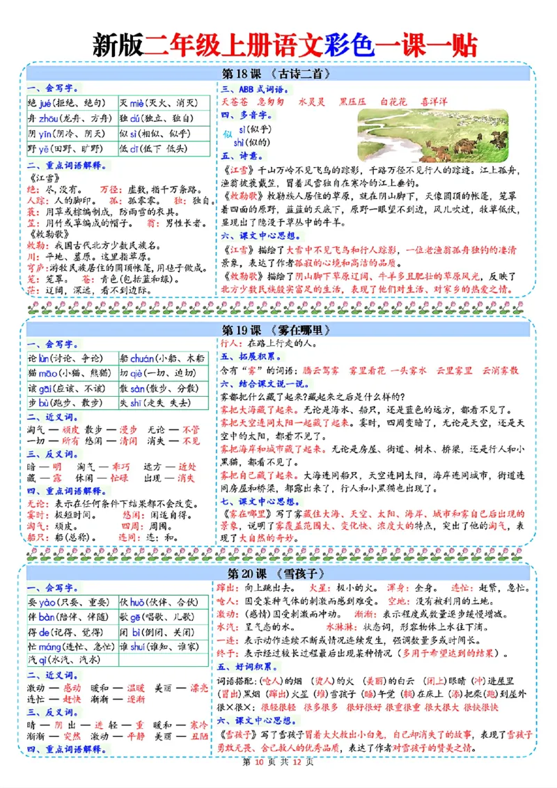 新二年级上册语文一课一贴彩色课课贴_25秋语文1-6课课贴