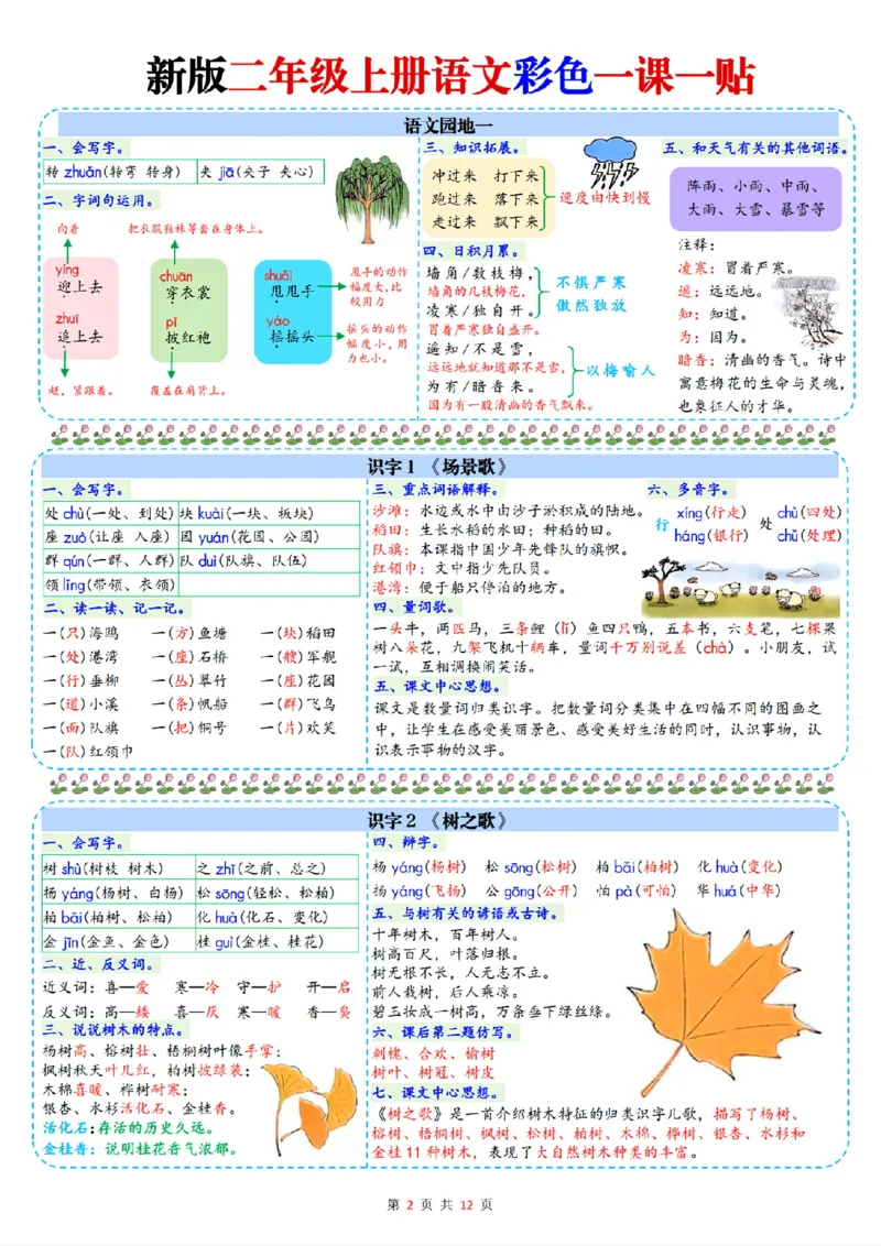 新二年级上册语文一课一贴彩色课课贴_25秋语文1-6课课贴