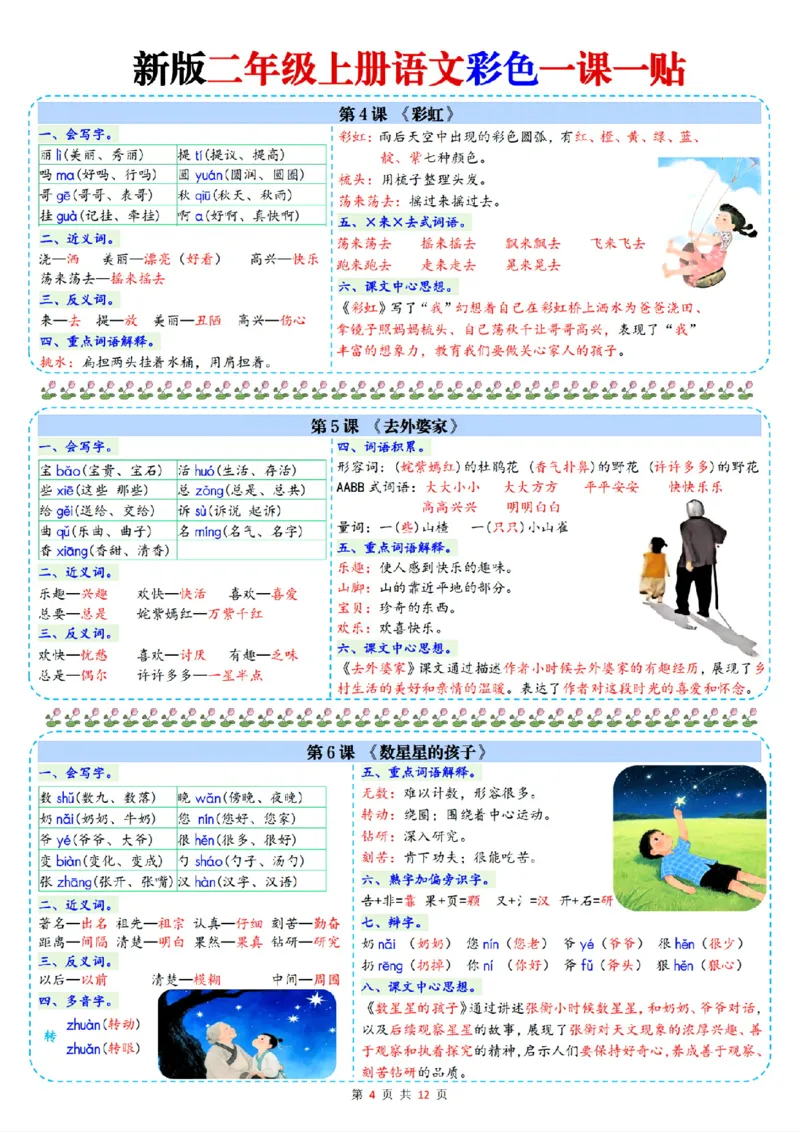 新二年级上册语文一课一贴彩色课课贴_25秋语文1-6课课贴