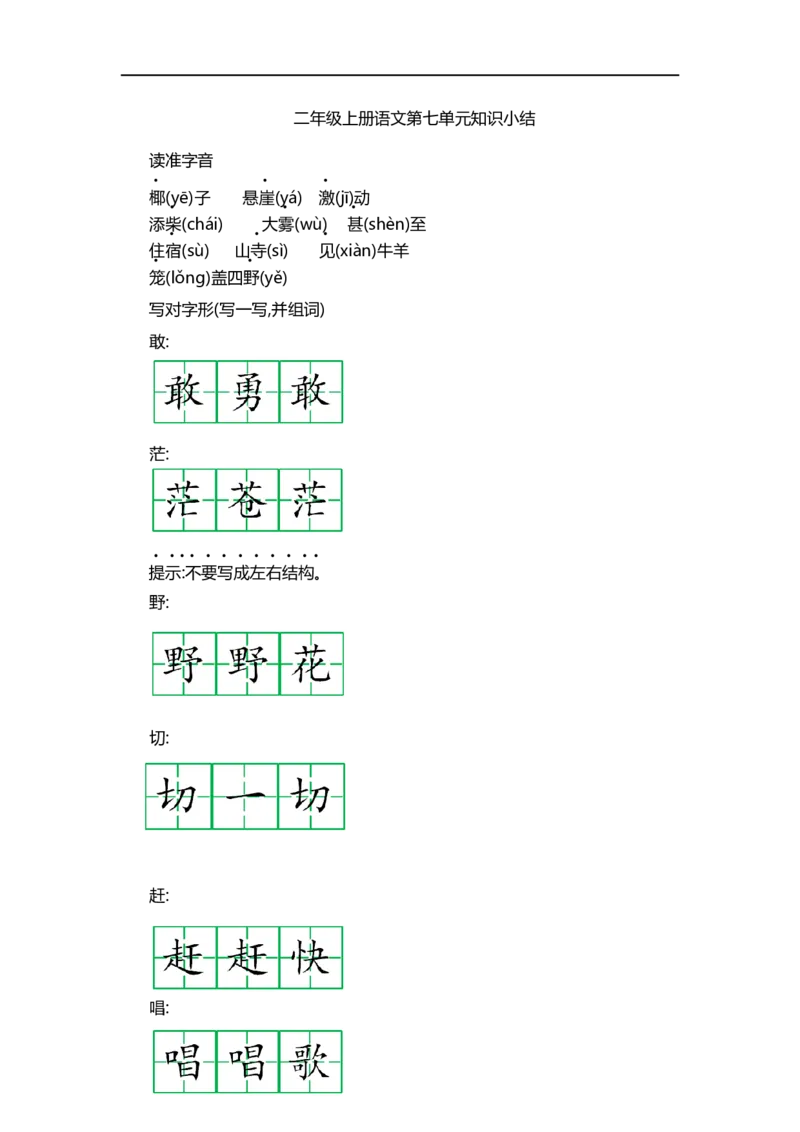 二（上）语文第七单元知识重点_二年级上下册资料_小学二年级学习资料-25年更新版_2-01、小学二年级语文上册_2-1-1、复习、知识点、归纳汇总_二（上）语文单元知识重点