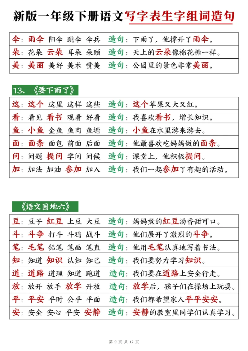 一下语文写字表笔顺组词造句_一年级上下册资料_一年级下册小红书同款资料_一下语文
