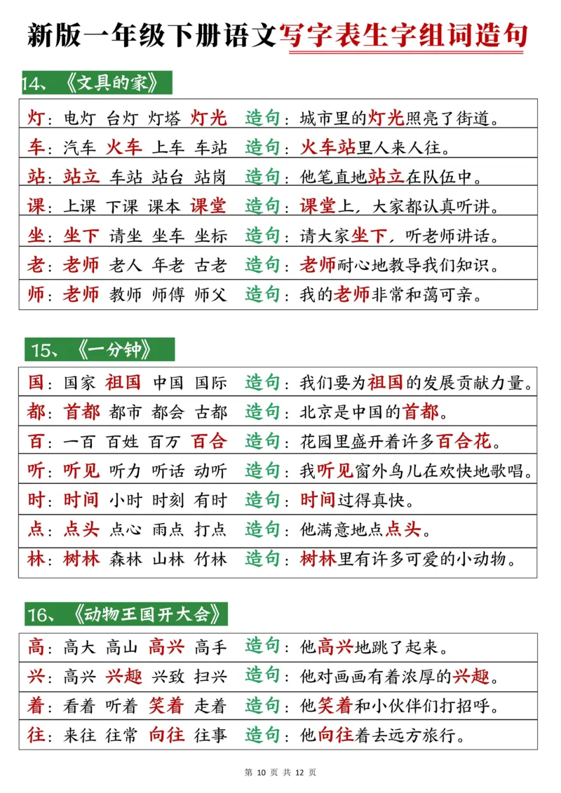 一下语文写字表笔顺组词造句_一年级上下册资料_一年级下册小红书同款资料_一下语文