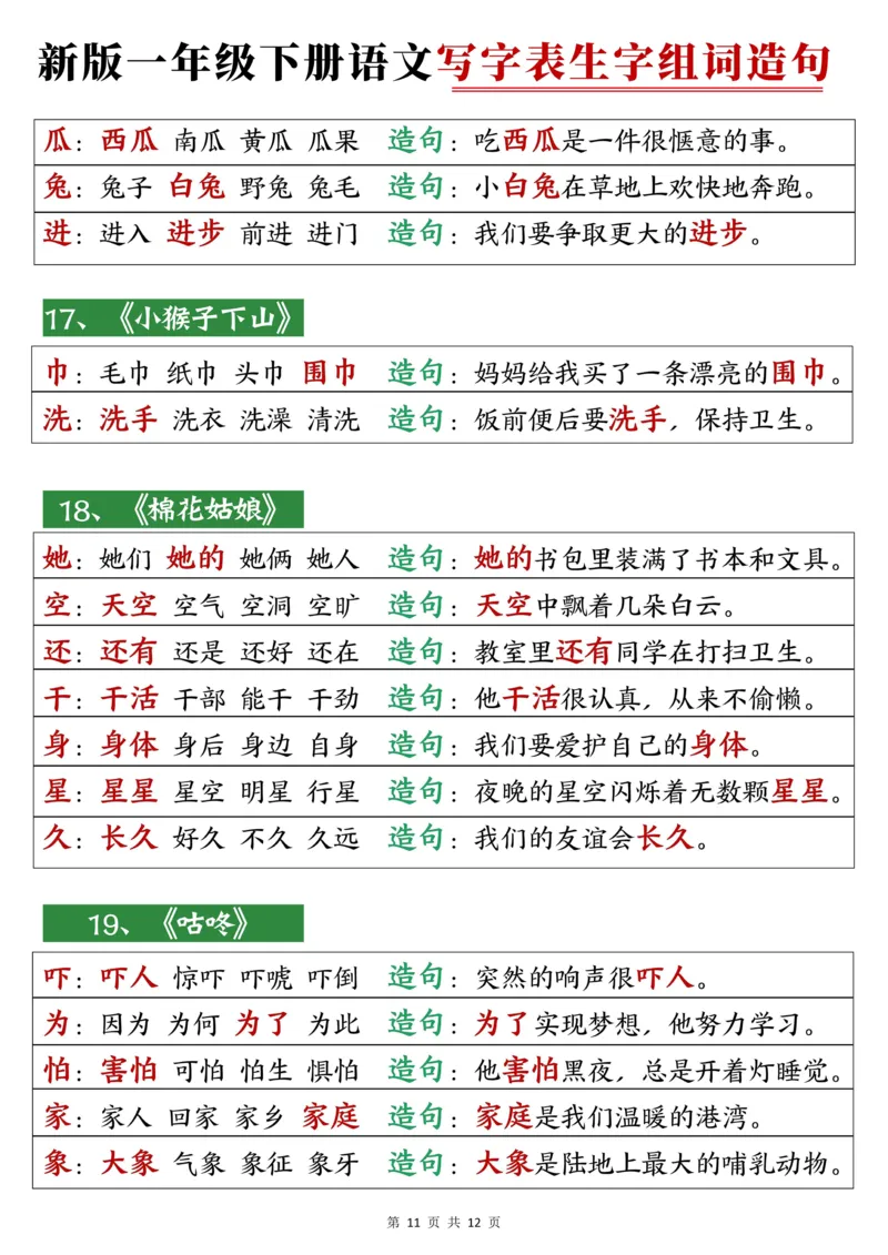一下语文写字表笔顺组词造句_一年级上下册资料_一年级下册小红书同款资料_一下语文