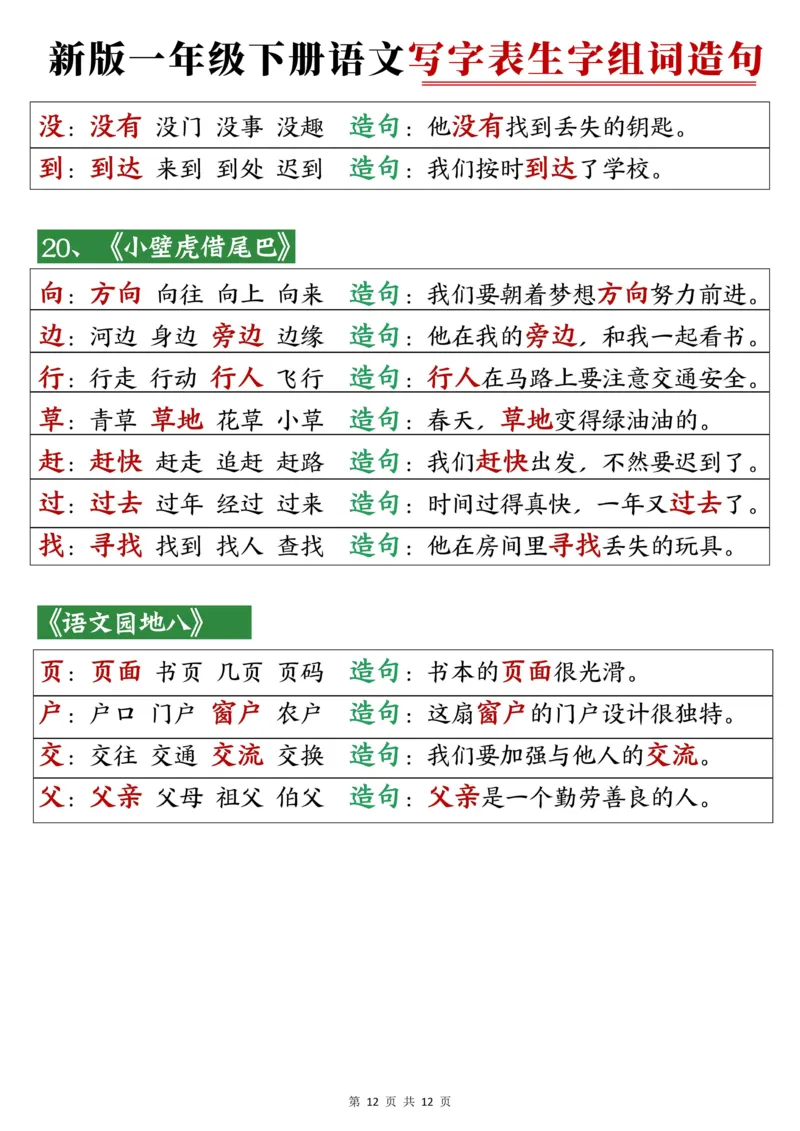 一下语文写字表笔顺组词造句_一年级上下册资料_一年级下册小红书同款资料_一下语文