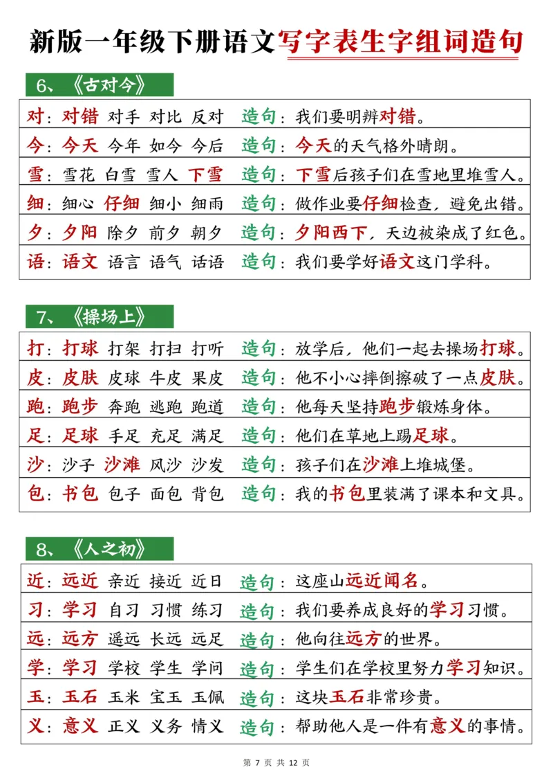 一下语文写字表笔顺组词造句_一年级上下册资料_一年级下册小红书同款资料_一下语文