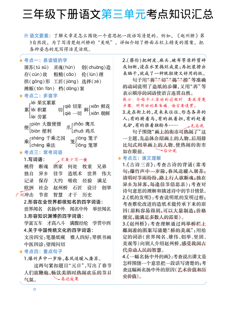 语文期末复习三年级下册语文1-8单元考点知识汇总_三年级上下册资料_小学三年级学习资料-25年更新版_3-02、小学三年级语文下册_3-2-1、学习资料、复习、知识点、归纳汇总