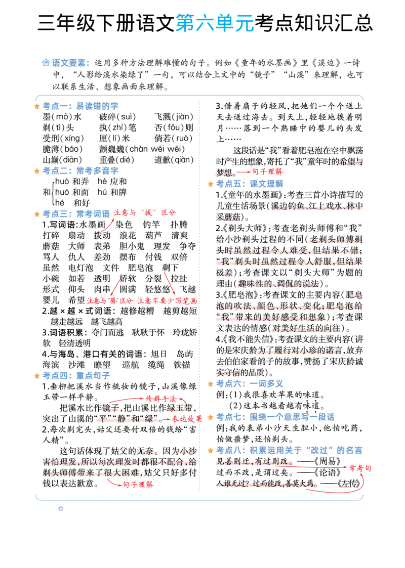语文期末复习三年级下册语文1-8单元考点知识汇总_三年级上下册资料_小学三年级学习资料-25年更新版_3-02、小学三年级语文下册_3-2-1、学习资料、复习、知识点、归纳汇总