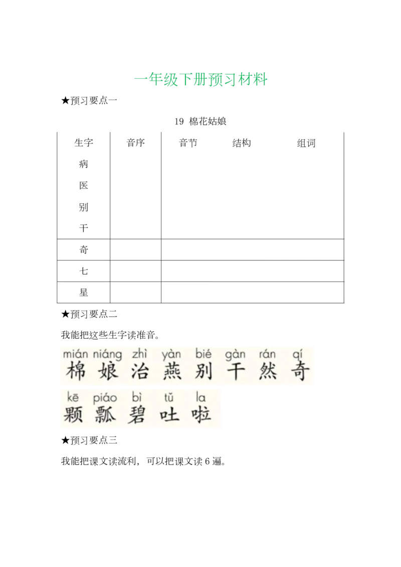 语文一年级下册全部课文预习单_一年级上下册资料_小学一年级学习资料-25年更新版_1-02、小学一年级语文下册_3-6-2-1、复习、知识点、归纳汇总_部编（人教）版